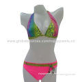 Triangle bikinis, two pieces with full print tie at top and match color belt and solid color pants